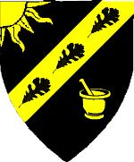 A coat of arms with a yellow sun and a mortar and pestle on a black background, and a yellow stripe in the middle with three black feathers